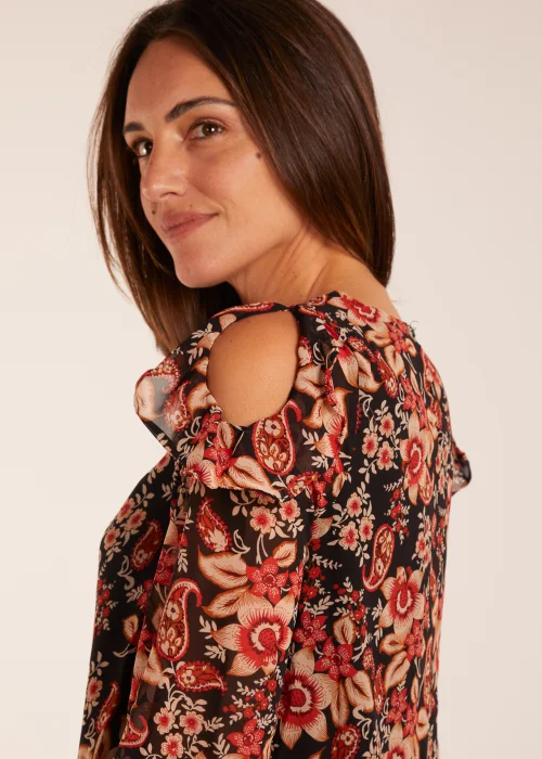 Blue Vanilla Black Pattern Cold Shoulder Frill Blouse - 10 Image 3