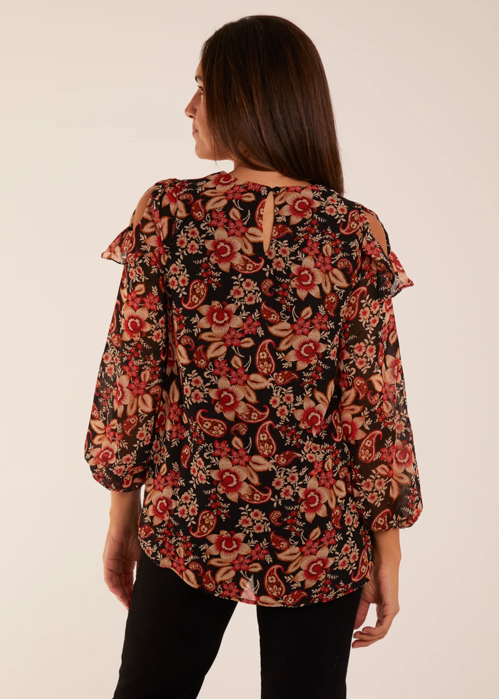 Blue Vanilla Black Pattern Cold Shoulder Frill Blouse - 10 Image 4