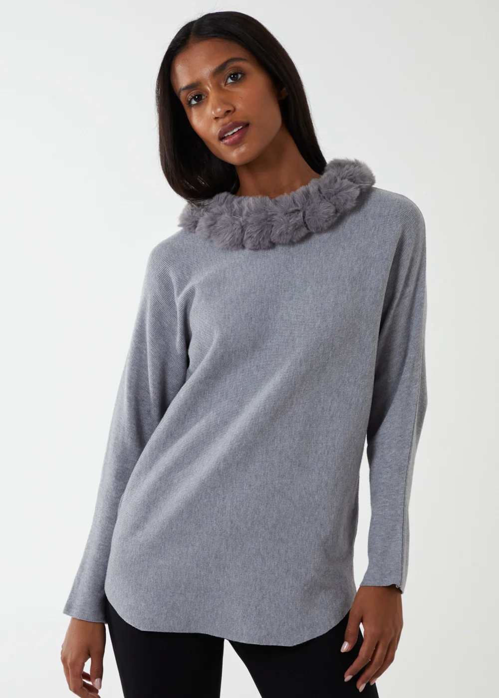 Blue Vanilla Grey Fur Collar Batwing Jumper - S/M Image 1