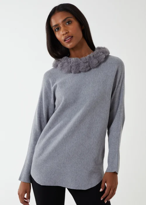 Blue Vanilla Grey Fur Collar Batwing Jumper - S/M Image 1