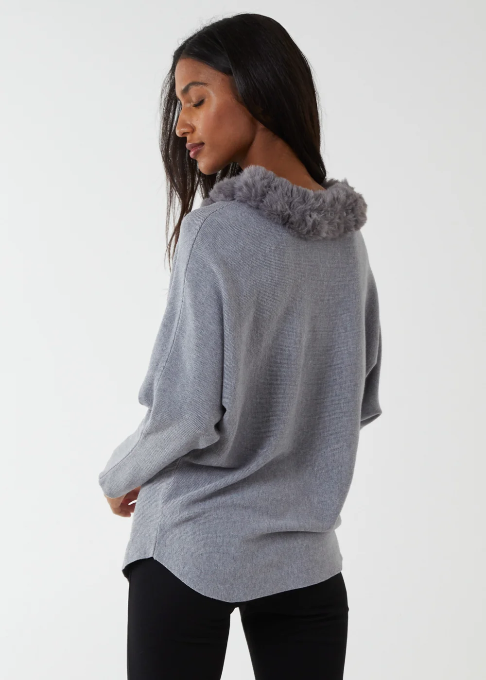 Blue Vanilla Grey Fur Collar Batwing Jumper - S/M Image 3
