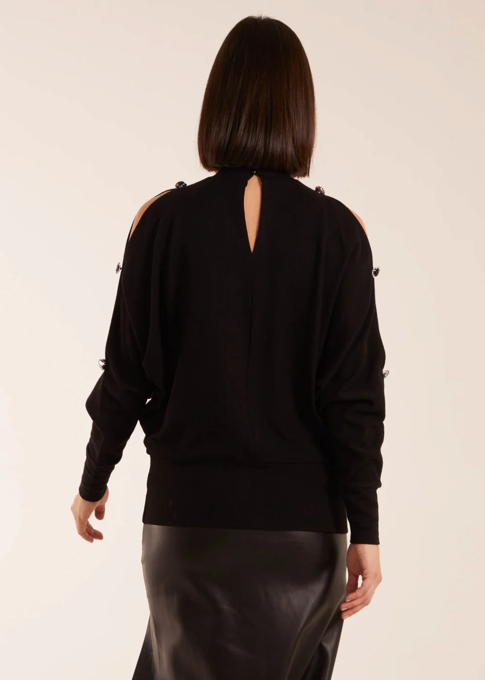 Blue Vanilla Black High Neck Heart Diamante Cold Shoulder Jumper - M Image 2