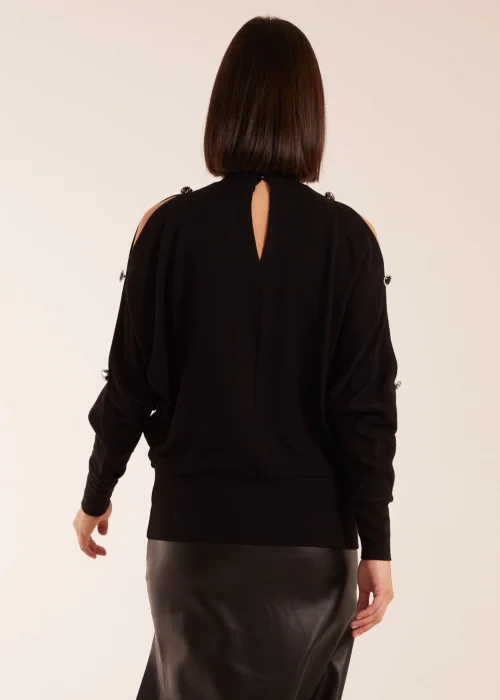 Blue Vanilla Black High Neck Heart Diamante Cold Shoulder Jumper - M Image 2
