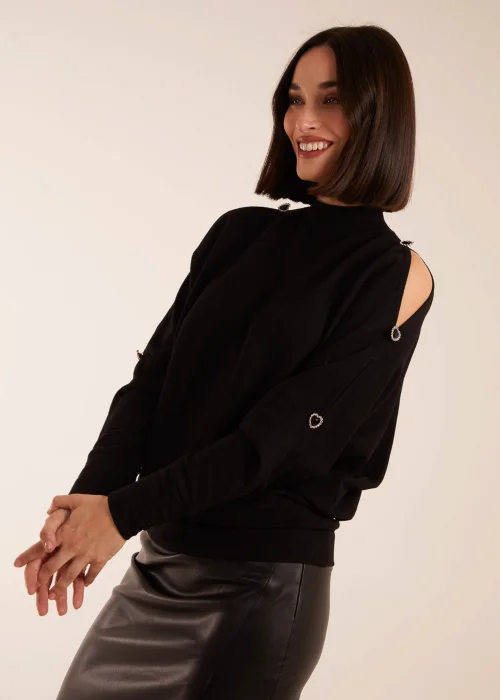 Blue Vanilla Black High Neck Heart Diamante Cold Shoulder Jumper - M Image 3