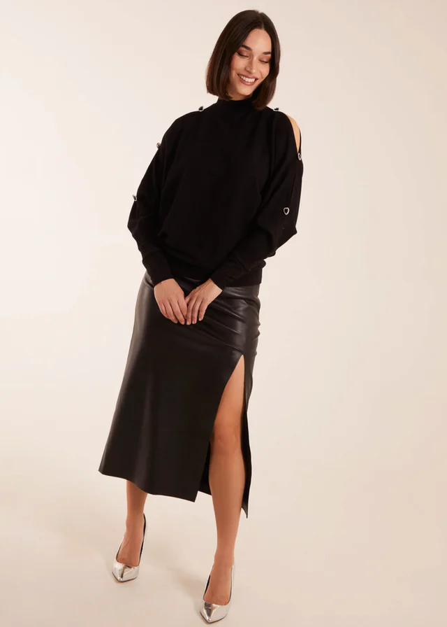 Blue Vanilla Black High Neck Heart Diamante Cold Shoulder Jumper