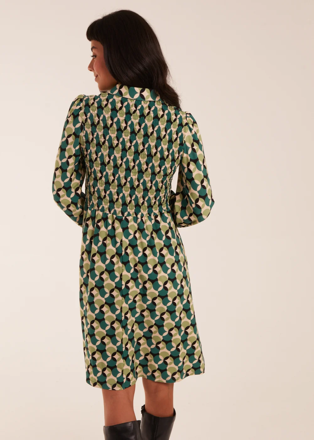 Blue Vanilla Green Geometric Print Shirred Bust Long Sleeve Shirt Dress - S Image 3