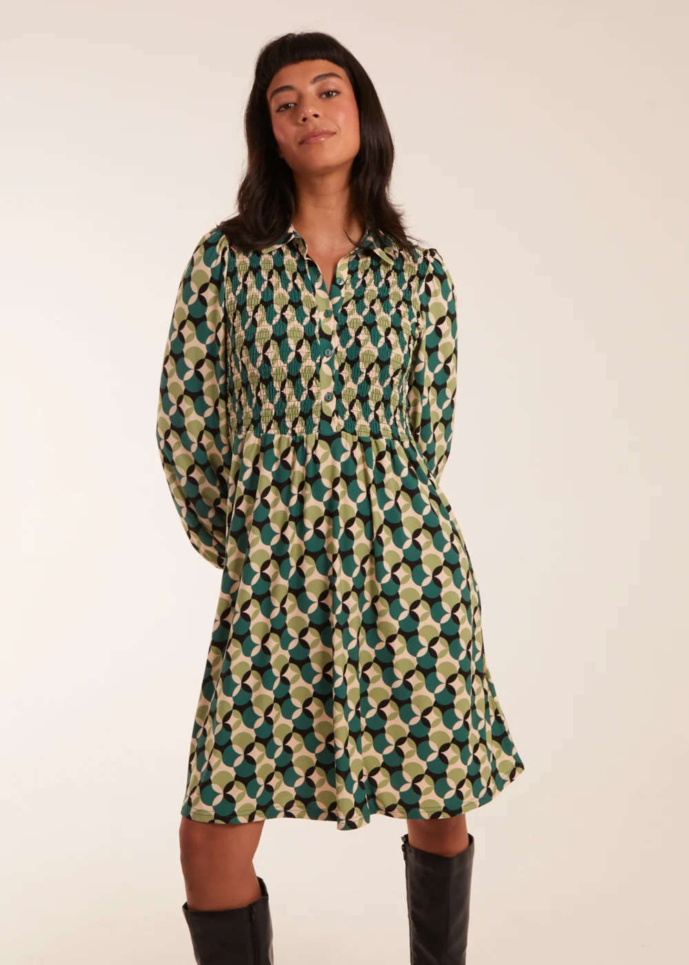 Blue Vanilla Green Geometric Print Shirred Bust Long Sleeve Shirt Dress - S Image 2