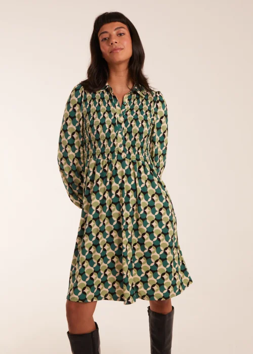 Blue Vanilla Green Geometric Print Shirred Bust Long Sleeve Shirt Dress - S Image 2