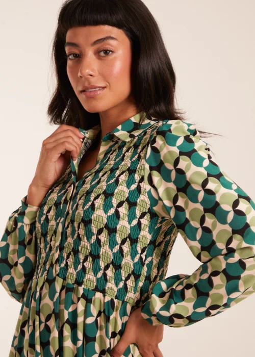 Blue Vanilla Green Geometric Print Shirred Bust Long Sleeve Shirt Dress - S Image 4