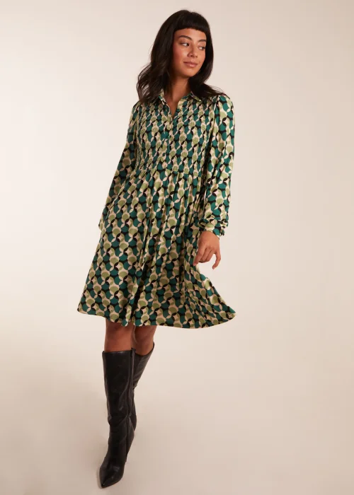 Blue Vanilla Green Geometric Print Shirred Bust Long Sleeve Shirt Dress - S Image 1