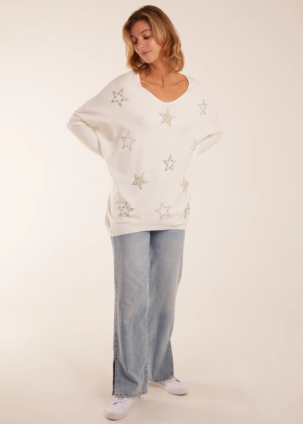 Blue Vanilla Ivory Diamante Pearl Star Jumper - S/M Image 2