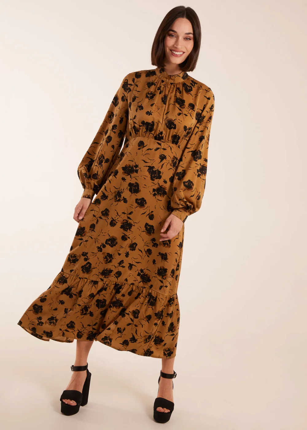 Blue Vanilla Gold High Neck Midi Dress With Tiered Skirt and Puff Long Sleeve - 10 Image 3