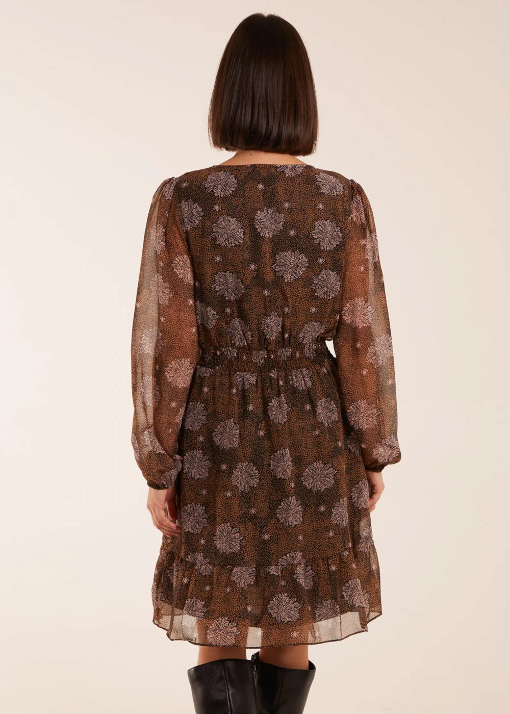 Blue Vanilla Brown Pattern Shirred Mini Dress - 10 Image 3
