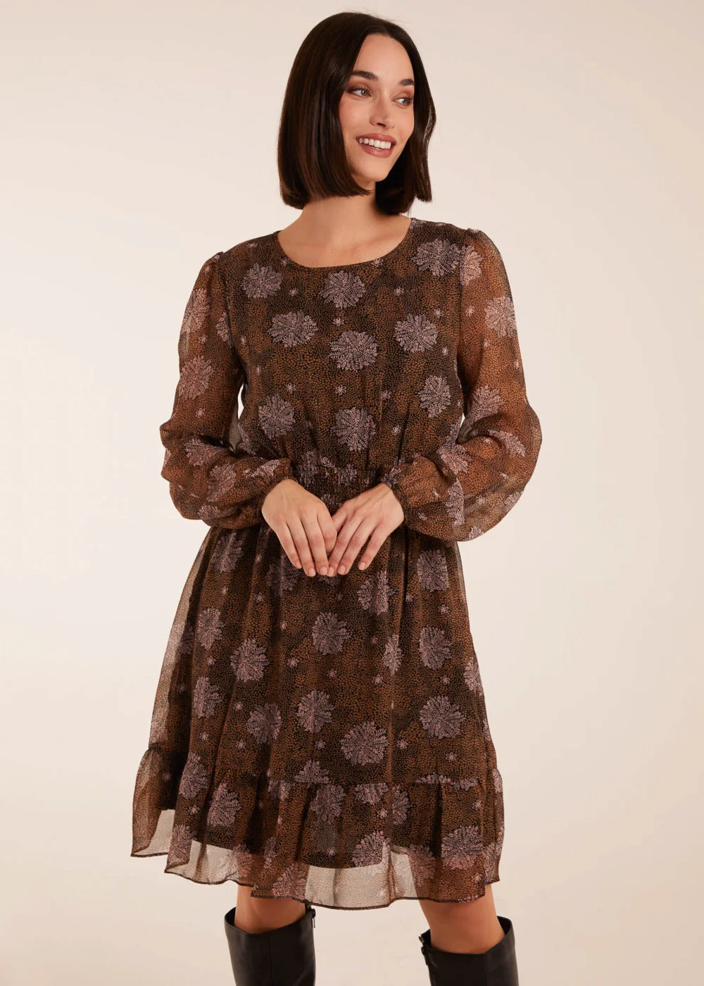 Blue Vanilla Brown Pattern Shirred Mini Dress - 10 Image 1