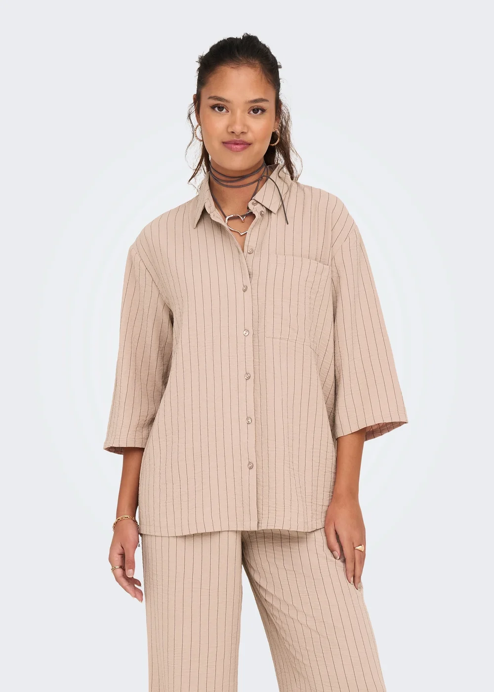 JDY Beige Stripe Print Shirt - Size 8 Image 1