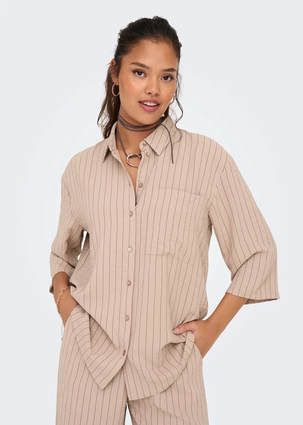 JDY Beige Stripe Print Shirt - Size 8 Image 3