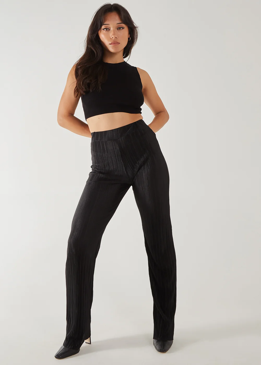 Pink Vanilla Black Plisse Flared Trousers - S Image 1
