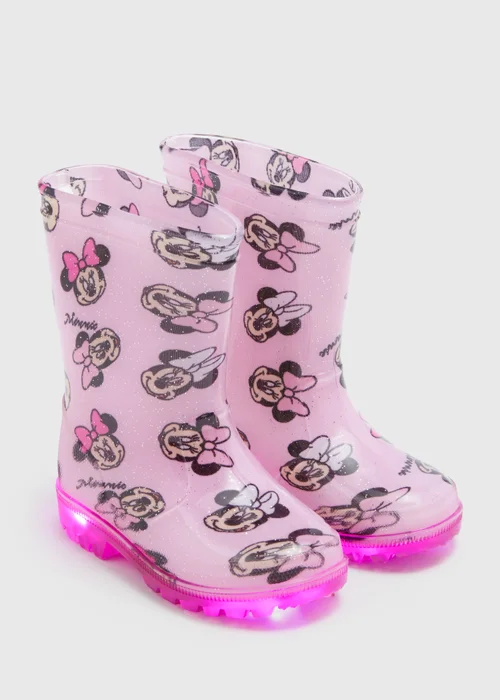 Kids Pink Minnie Mouse Print Light Up PVC Wellies (Younger 4-12) - Size 4 Infants Image 1