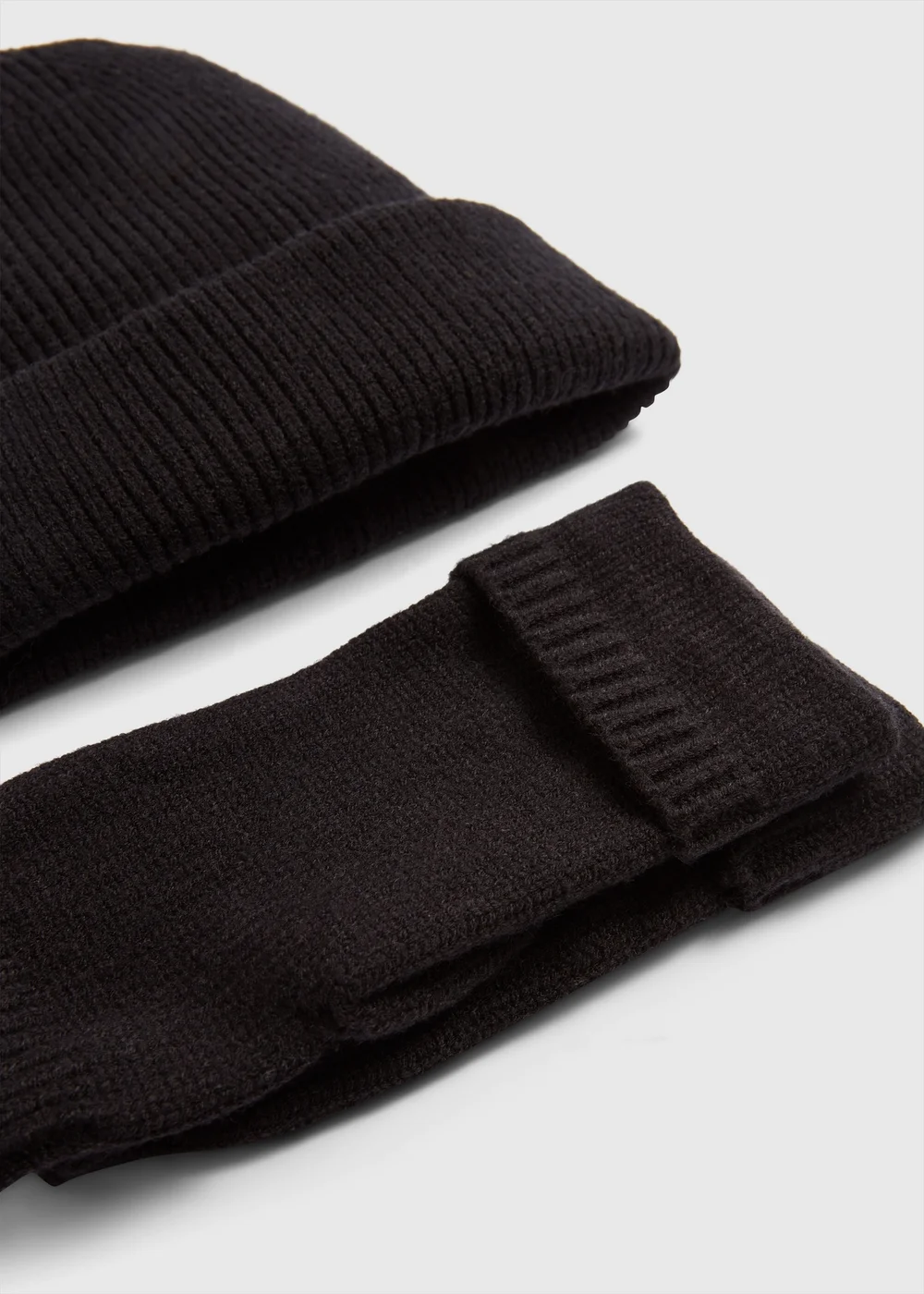 Black Ribbed Beanie & Fingerless Gloves Set Image 2