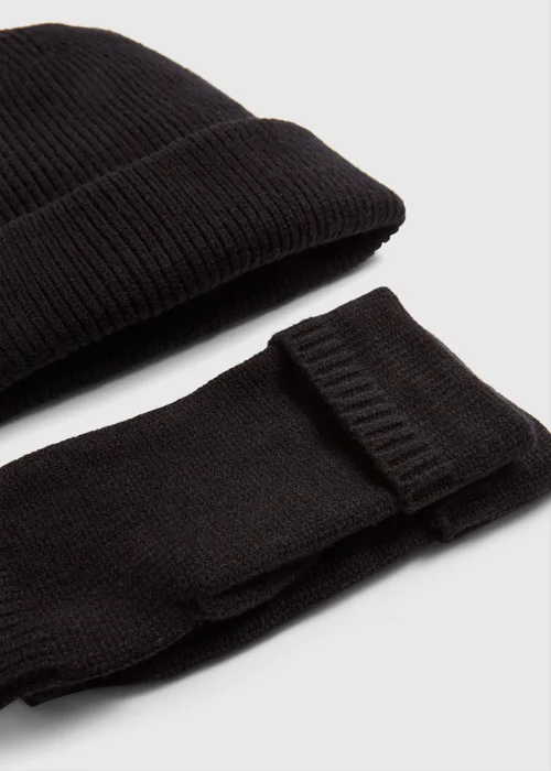 Black Ribbed Beanie & Fingerless Gloves Set Image 2