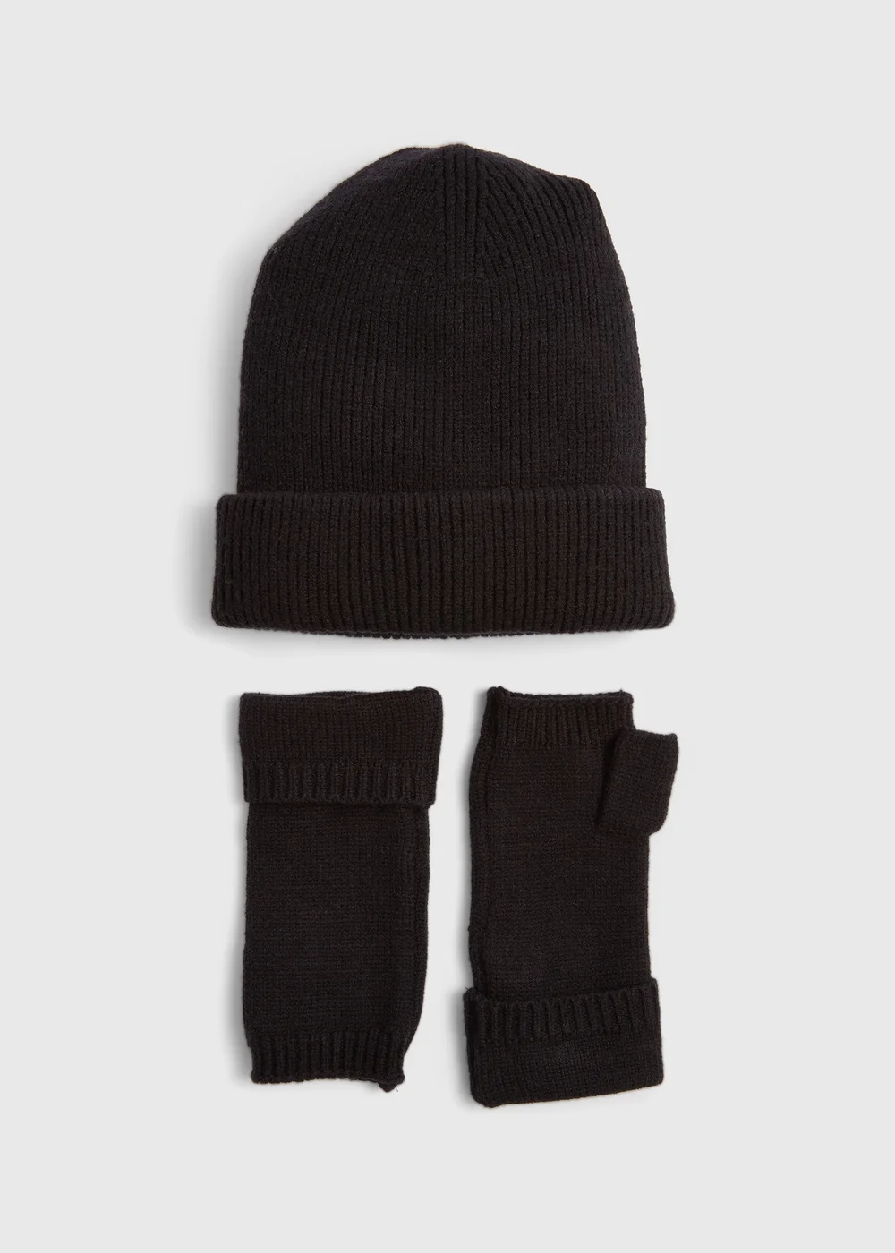 Black Ribbed Beanie & Fingerless Gloves Set Image 1