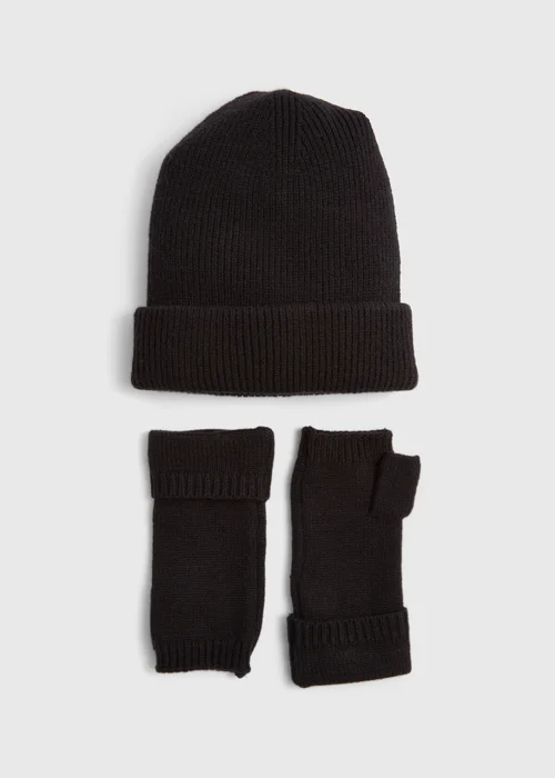 Black Ribbed Beanie & Fingerless Gloves Set Image 1