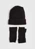 Black Ribbed Beanie & Fingerless Gloves Set Image 1