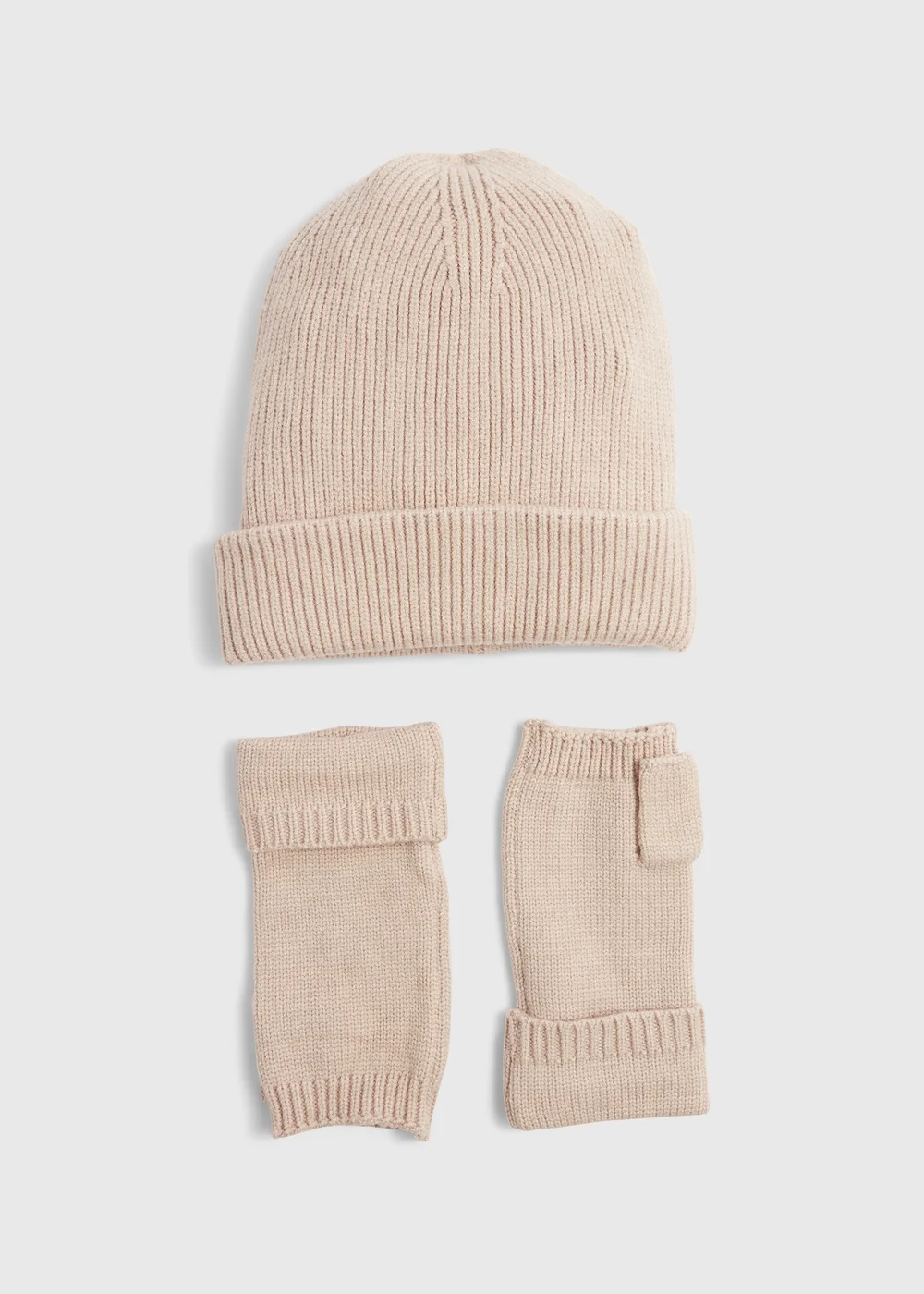 Oatmeal Ribbed Beanie & Fingerless Gloves Set Image 1