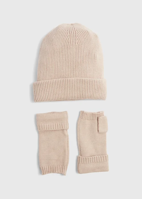 Oatmeal Ribbed Beanie & Fingerless Gloves Set Image 1