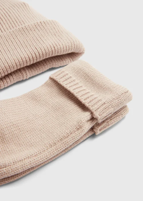 Oatmeal Ribbed Beanie & Fingerless Gloves Set Image 2