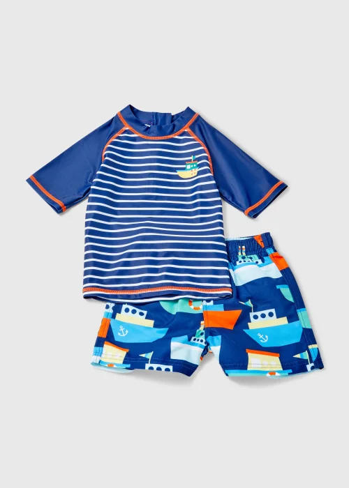 Boys Navy Boat Print Rash Vest & Swim Short Set (1-7yrs) - 1-1.5 Yrs Image 1