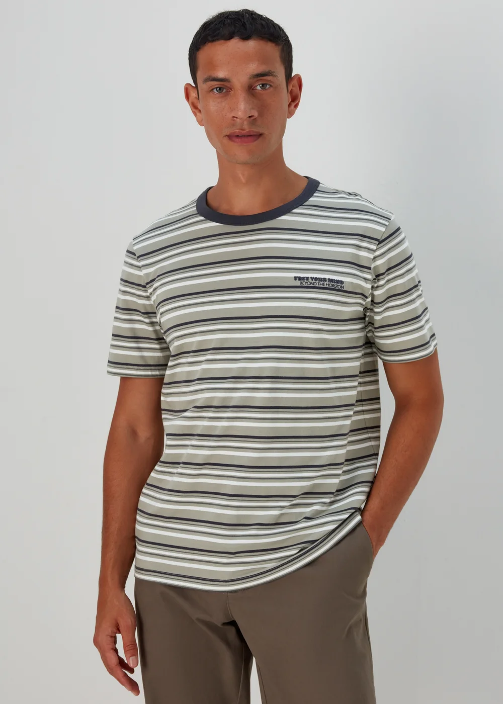 Navy & Green Stripe Free Your Mind Print T-Shirt - Small Image 1