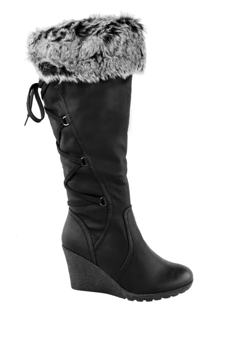 Where's That From Black PU Bridget Wedge Heel Calf Boots - Size 3 Image 1
