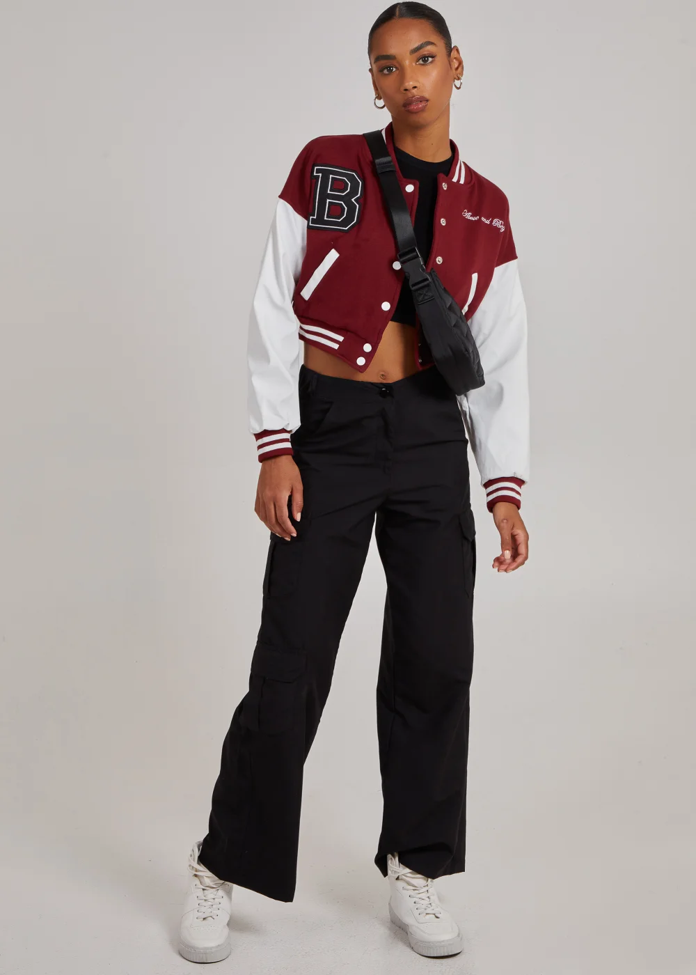 Pink Vanilla Burgundy Contrast Sleeve Baseball Jacket - XS Image 4