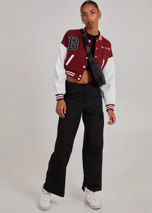 Pink Vanilla Burgundy Contrast Sleeve Baseball Jacket - XS Image 4