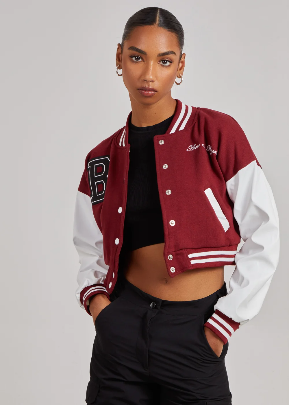 Pink Vanilla Burgundy Contrast Sleeve Baseball Jacket - XS Image 1