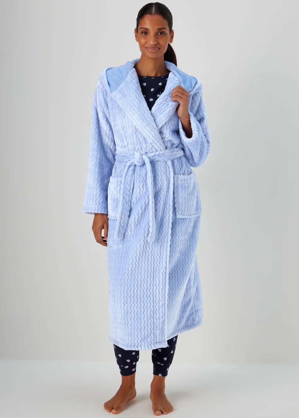 Blue Zig Zag Print Hooded Dressing Gown - Small Image 1