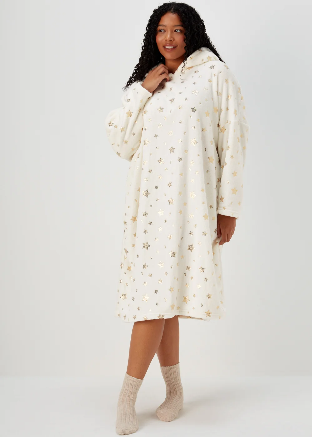 Cream Star Print Longline Snuggle Hoodie - Extra small Image 1