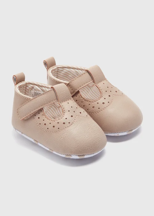 Baby Taupe Brogue T Bar Soft Sole Shoes (Newborn-18mths) - Age 0 - 3 Months Image 1