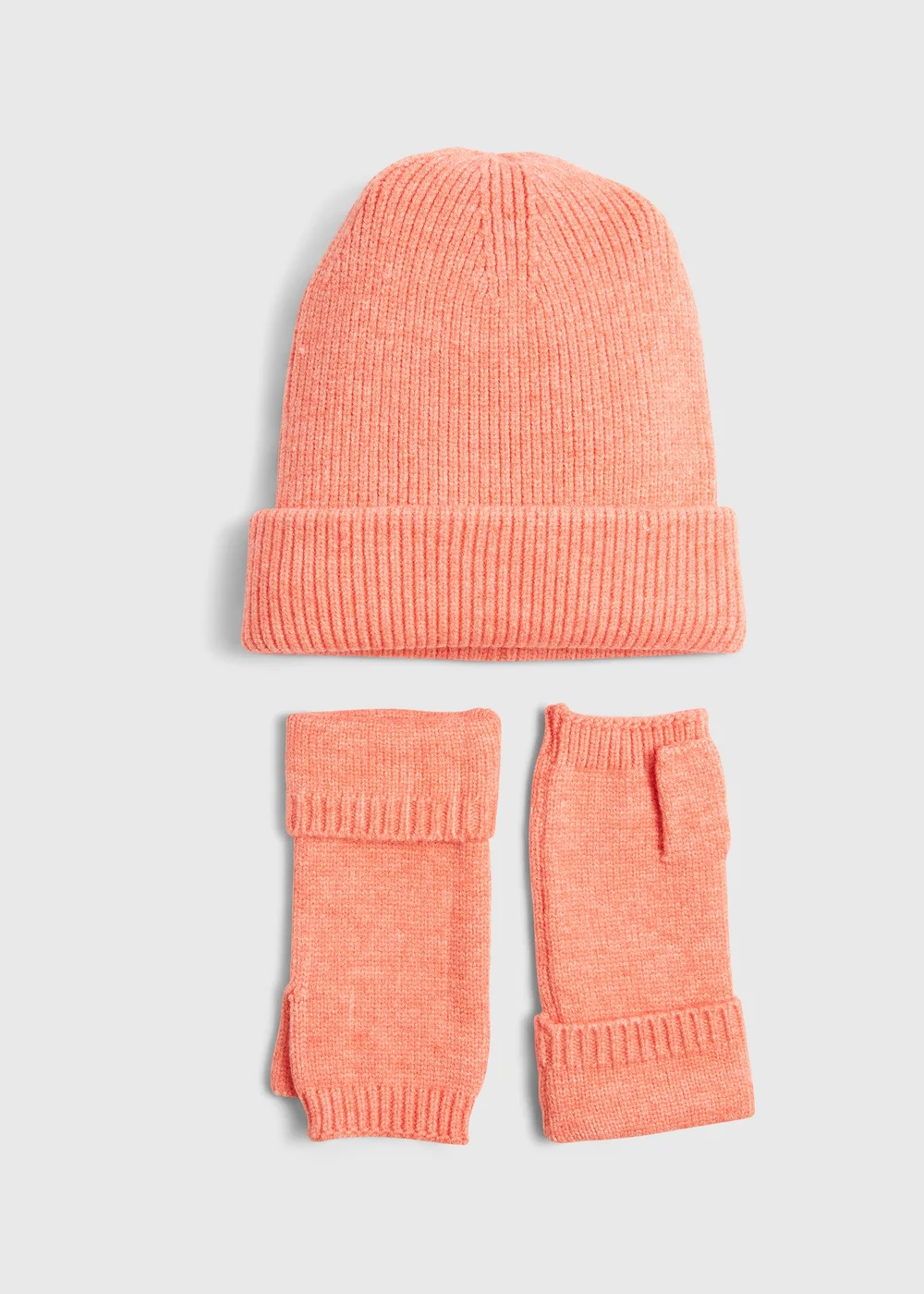 Peach Ribbed Beanie & Fingerless Gloves Set Image 1