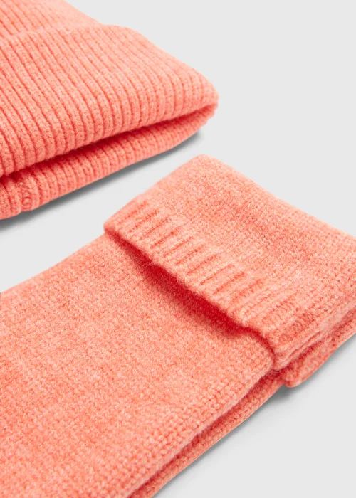 Peach Ribbed Beanie & Fingerless Gloves Set Image 2