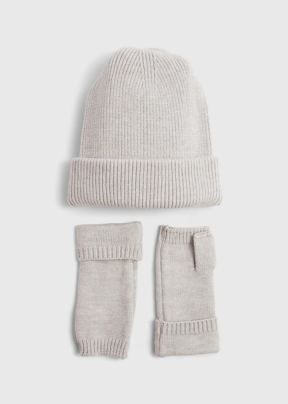 Grey Ribbed Beanie & Fingerless Gloves Set Image 1