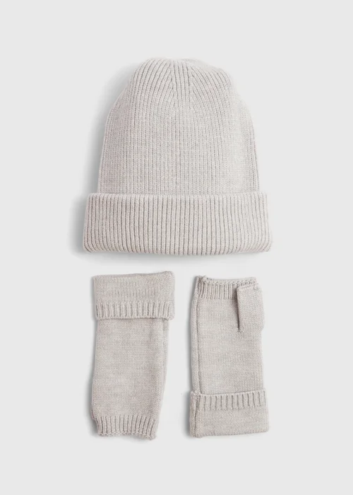 Grey Ribbed Beanie & Fingerless Gloves Set Image 1