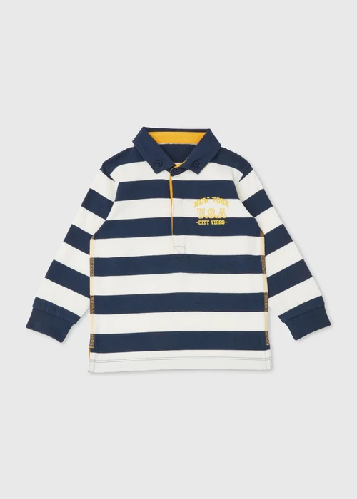 Boys Navy Rugby Stripe Long Sleeve Polo Shirt (1-7yrs) - 1-1.5 Yrs Image 1