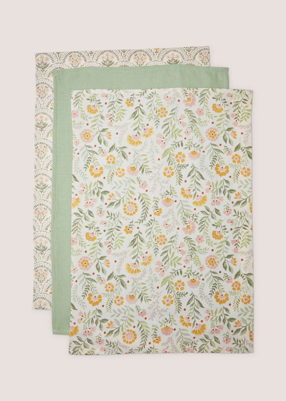 3 Pack Green Folk Floral Tea Towels Image 1