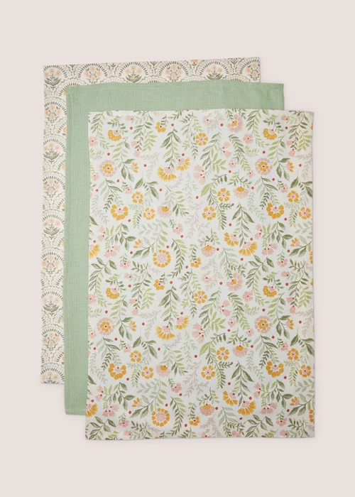 3 Pack Green Folk Floral Tea Towels Image 1