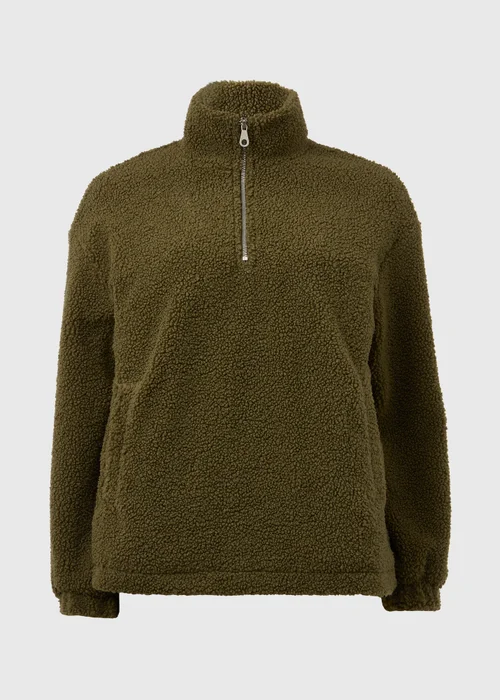 Khaki Half Zip Borg Pullover - S Image 5