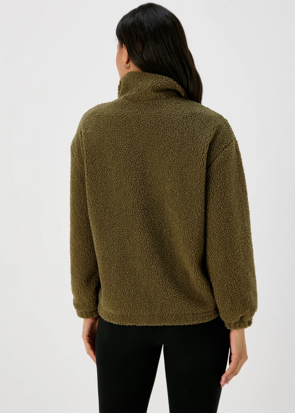 Khaki Half Zip Borg Pullover - S Image 2