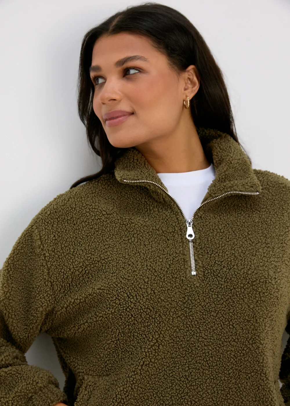 Khaki Half Zip Borg Pullover - S Image 3