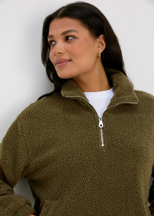 Khaki Half Zip Borg Pullover - S Image 3
